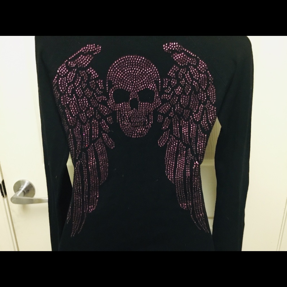 SINFUL Hooded Black Sweater w/Skull & Wings SZ M